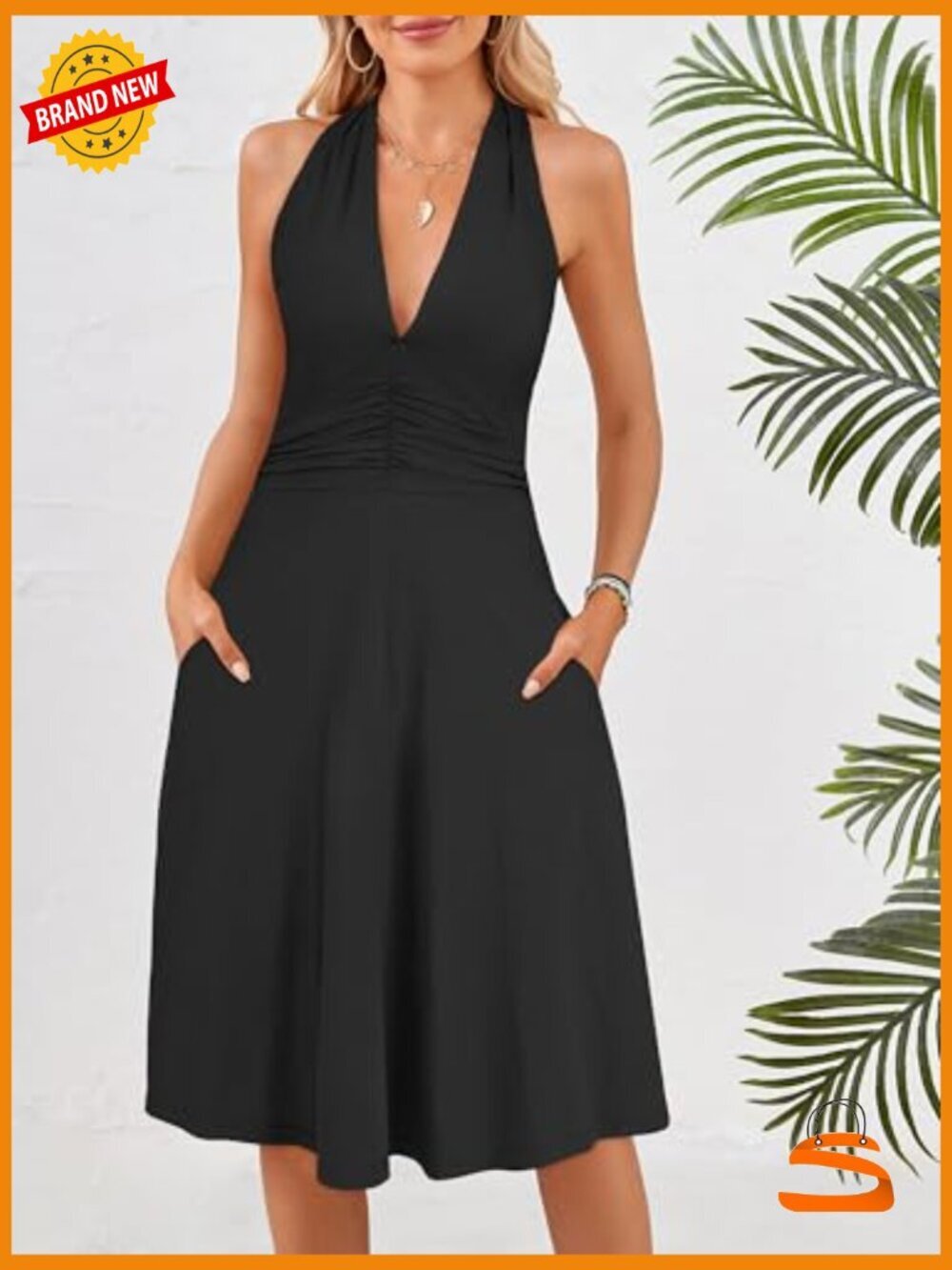 Sleeveless Halter Neck Mini Sundress with Pockets Elastic Waist Ruffle - Picture 5 of 7